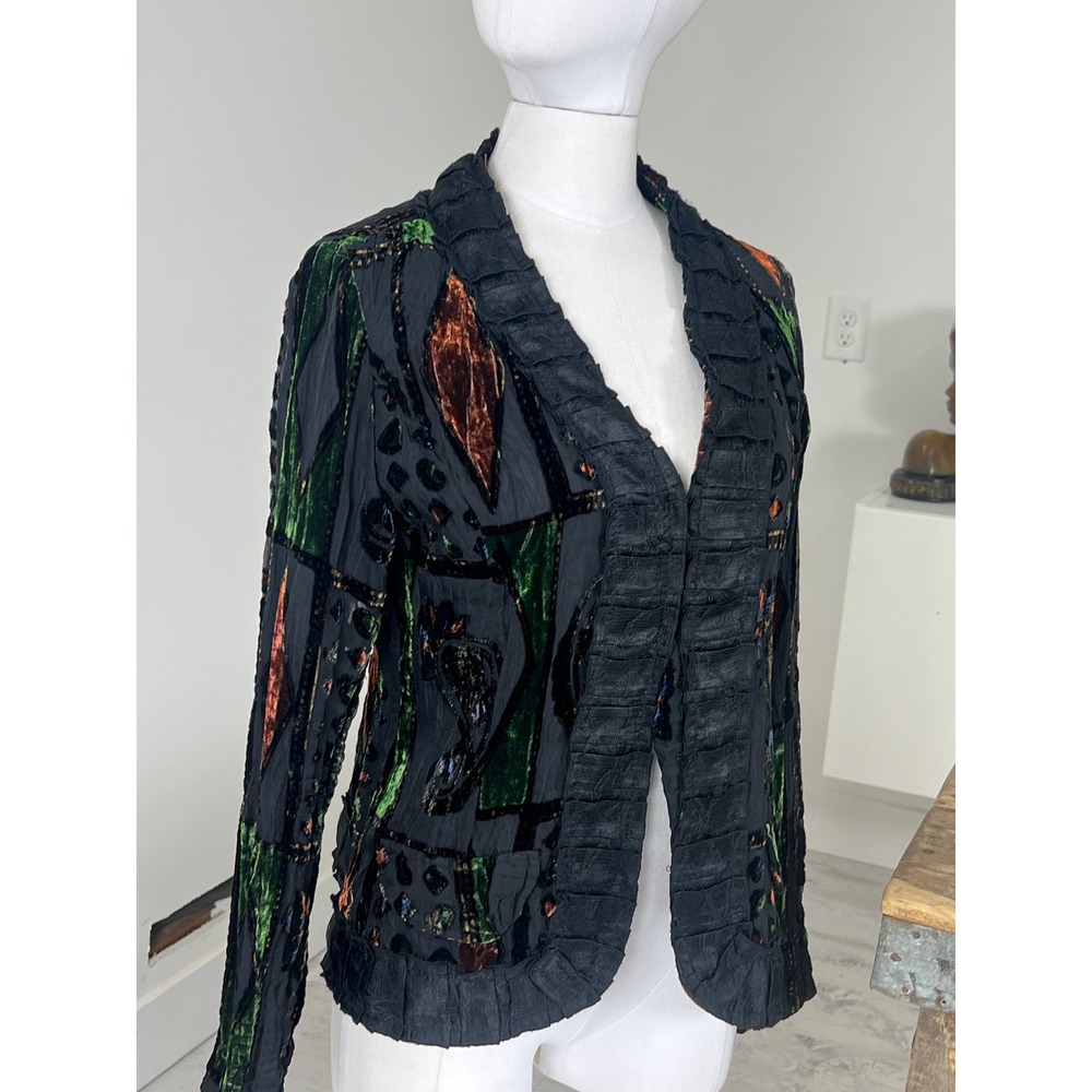 Alberto Makali Women Black Burnout Velvet Ruffle Trim Crinkle Jacket Size M